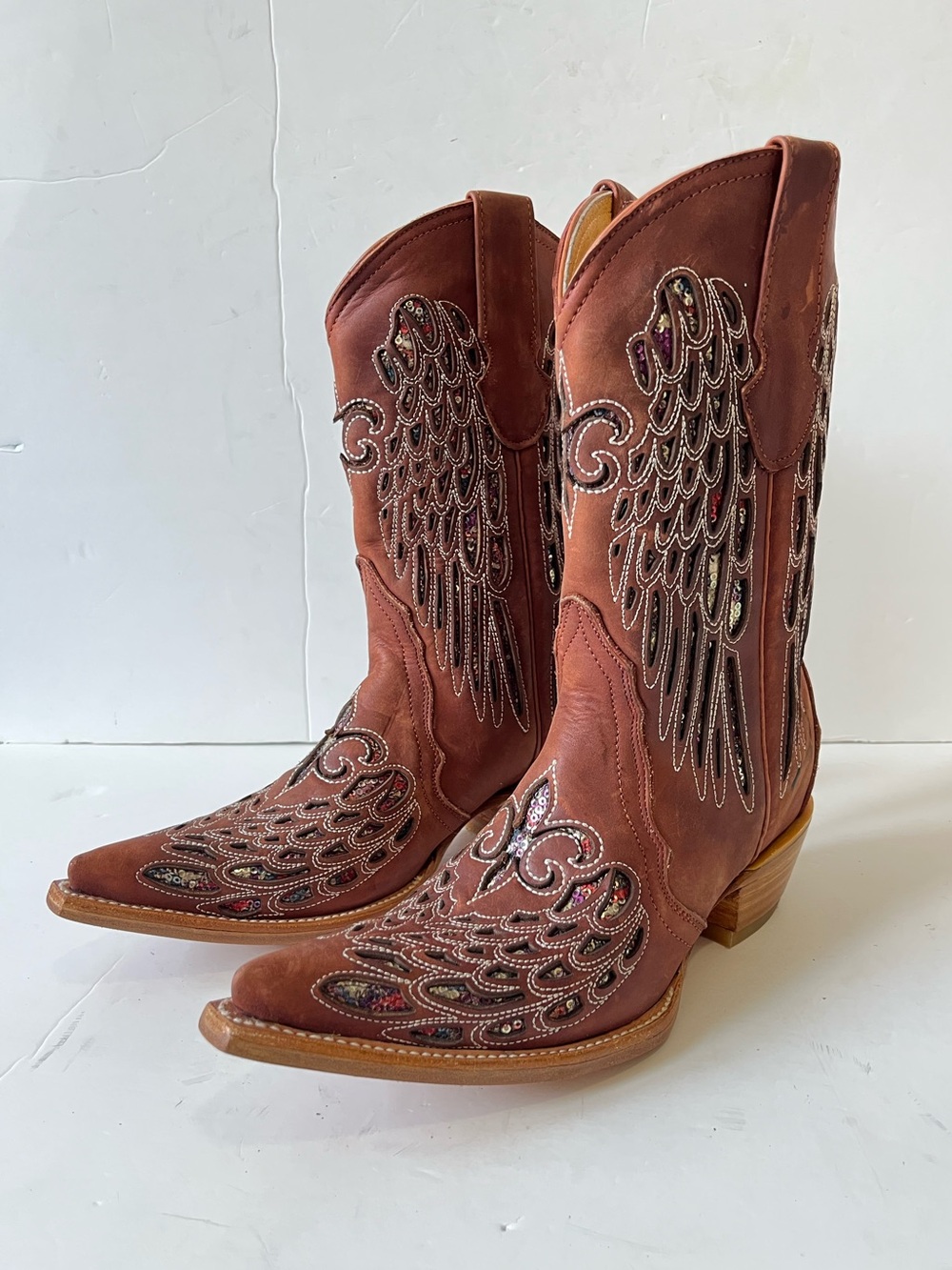 Jar boots Chestnut Wing sequins inlay Embroidered Women's Western Boots size 6.5